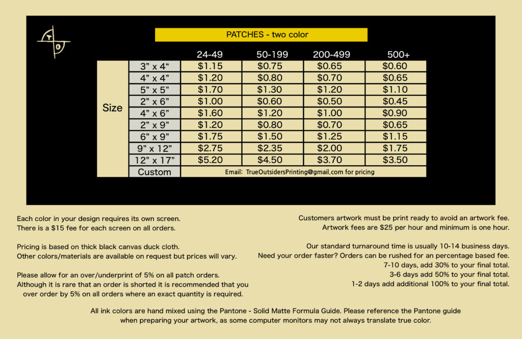 Two color patches price sheet