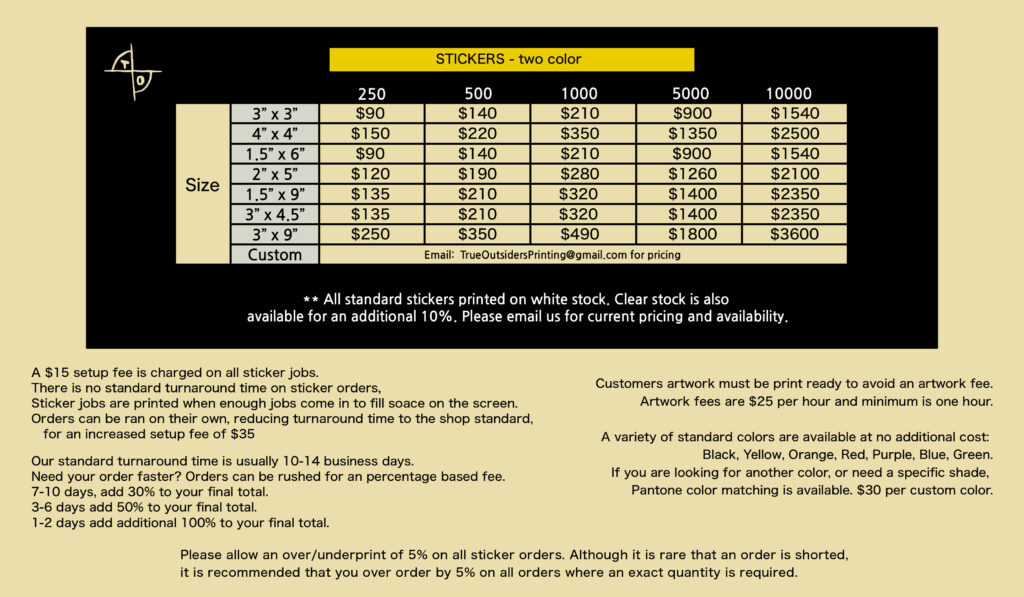 Two color stickers price sheet