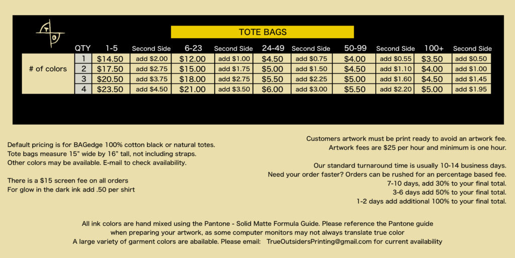 Tote bags price sheet